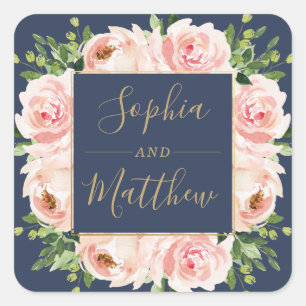 Gastgeschenk Hochzeit Navy Blush Pink Blumengrün Quadratischer Aufkleber