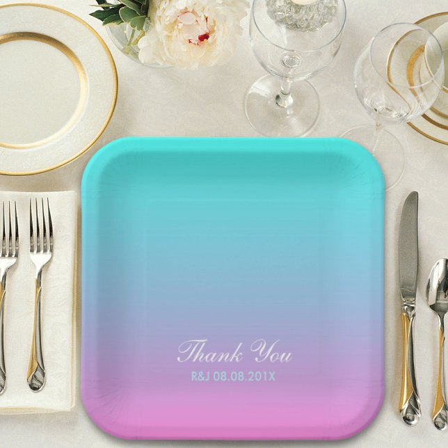 Gastgeschenk Hochzeit Pappteller (modern spring pink turquoise ombre wedding favor paper plates)