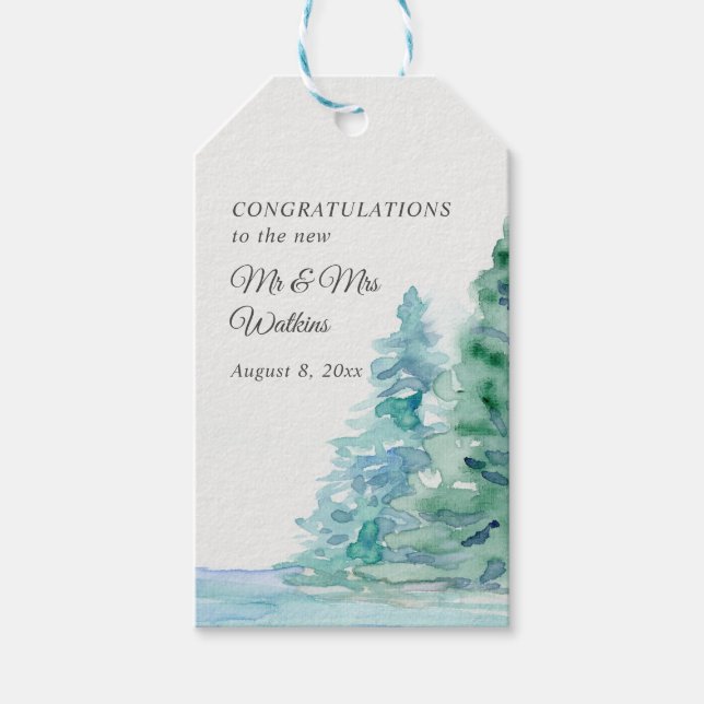 Gastgeschenk Hochzeit Wasserfarbener Wildwald Berg Geschenkanhänger (Vorderseite)