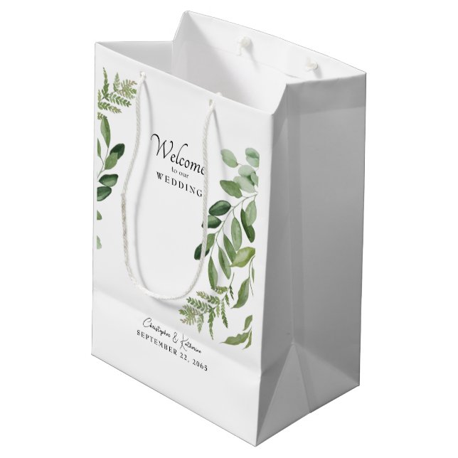 Gastgeschenk Hochzeit Willkommen Foliage Moderne Mittlere Geschenktüte (Rückseite Schrägansicht)