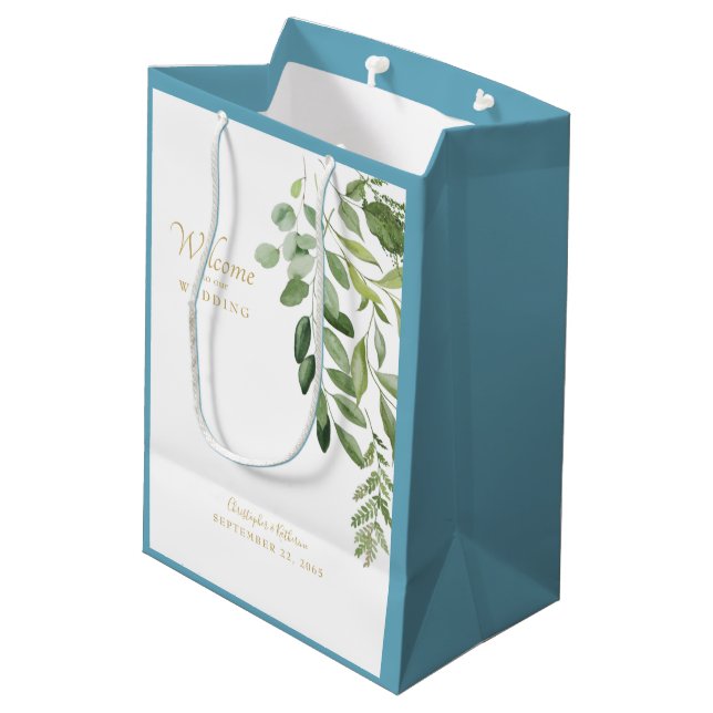 Gastgeschenk Hochzeit Willkommensnamen Foliage Blu Mittlere Geschenktüte (Rückseite Schrägansicht)