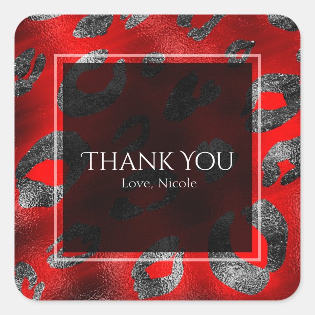 Gastgeschenk mit rotem und silberem Leopard Quadratischer Aufkleber (Vorderseite)