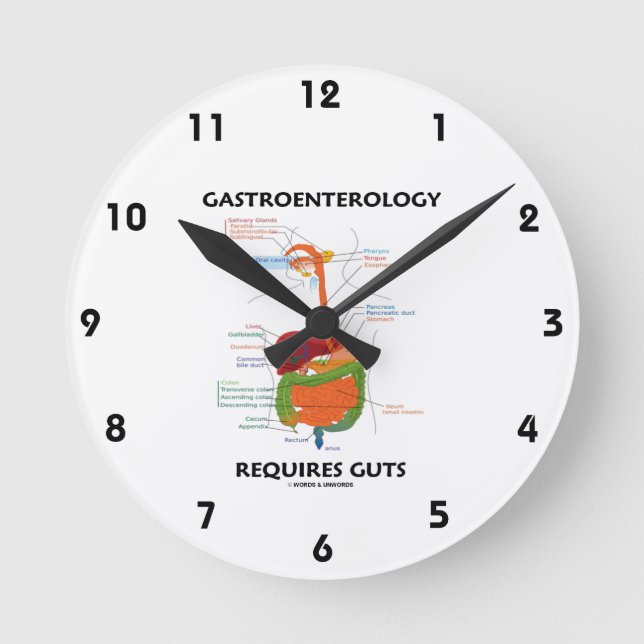 Gastroenterology Requires Guts (Verdauungssystem) Runde Wanduhr (Vorderseite)