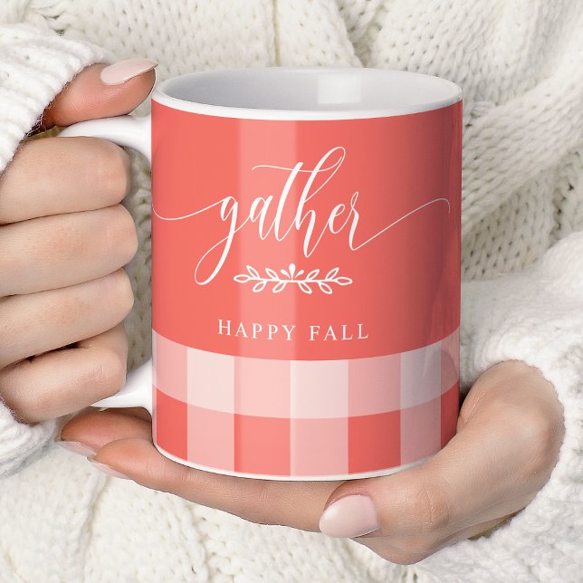 Gather Happy Fall Coral & White Buffalo Karo Kaffeetasse (Von Creator hochgeladen)
