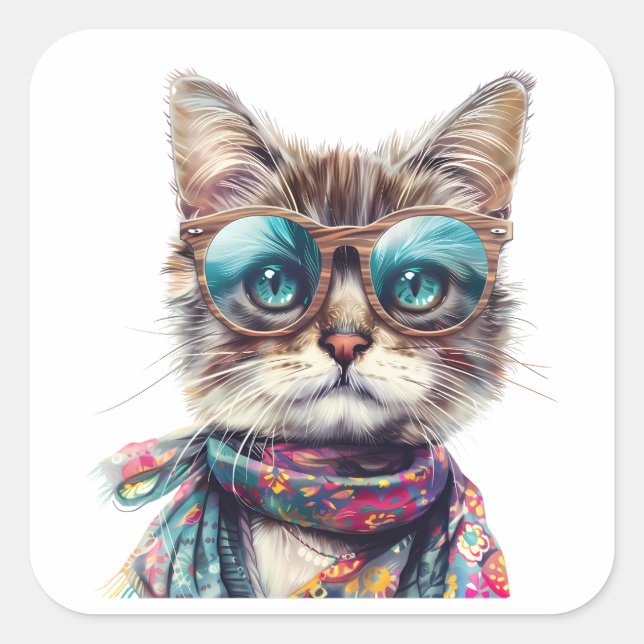  Gato Cool con Lentes  Quadratischer Aufkleber (Vorderseite)