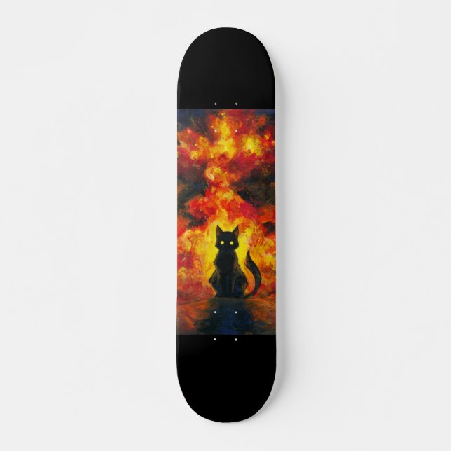 Gato Negro en Estilo Acuarela con Fondo Llameante Skateboard (Vorne)