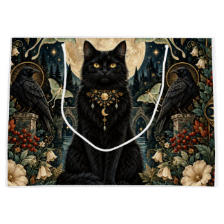 Gato Negro Gótico Celestial con Luna y Cuervos. Große Geschenktüte