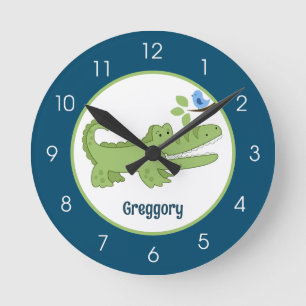 Gator Crocodile Navy Blue Green Jungle Safari Runde Wanduhr