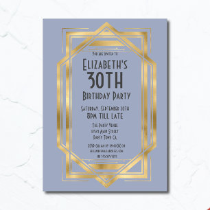 Gatsby 1920er Art Deco Blue Gold 30. Geburtstag Einladung