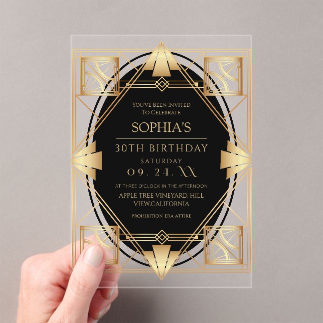 Gatsby Art Deco Birthday Party Acryleinladungen (Insitu (Handheld))
