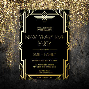 Gatsby Art Deco Black and Gold Silvester Party Folieneinladung
