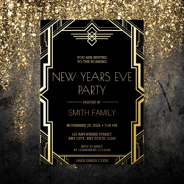 Gatsby Art Deco Black and Gold Silvester Party Folieneinladung (Von Creator hochgeladen)
