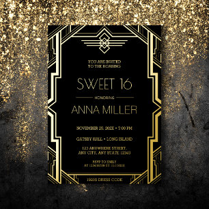 Gatsby Art Deco Black and Gold Sweet 16 Folieneinladung