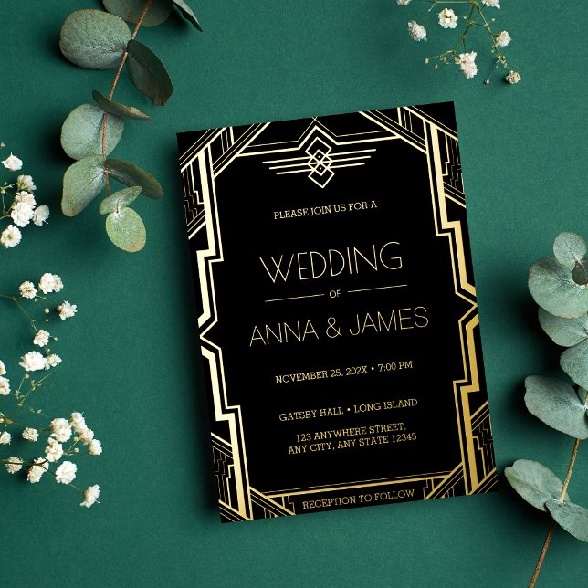 Gatsby Art Deco Black and Gold Wedding Folieneinladung (Von Creator hochgeladen)