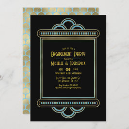 Gatsby Art Deco Blue & Gold Engagement Party Photo Einladung