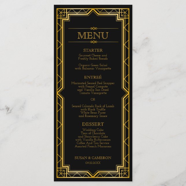Gatsby Art Deco Dinner Menü | Editierbare Farbe Menükarte (Vorderseite)
