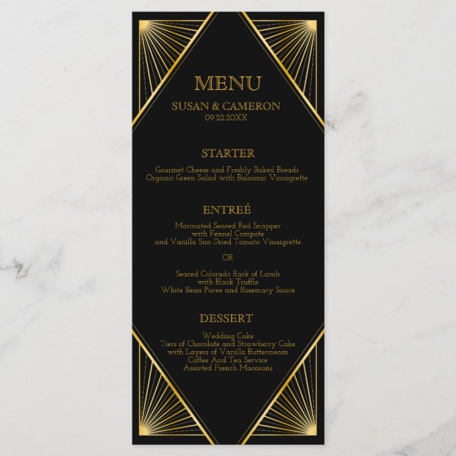 Gatsby Art Deco Dinner Menü | Editierbare Farbe Menükarte (Vorderseite)