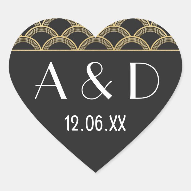 Gatsby Art Deco Heart Stickers Label 1920er Gold (Vorderseite)