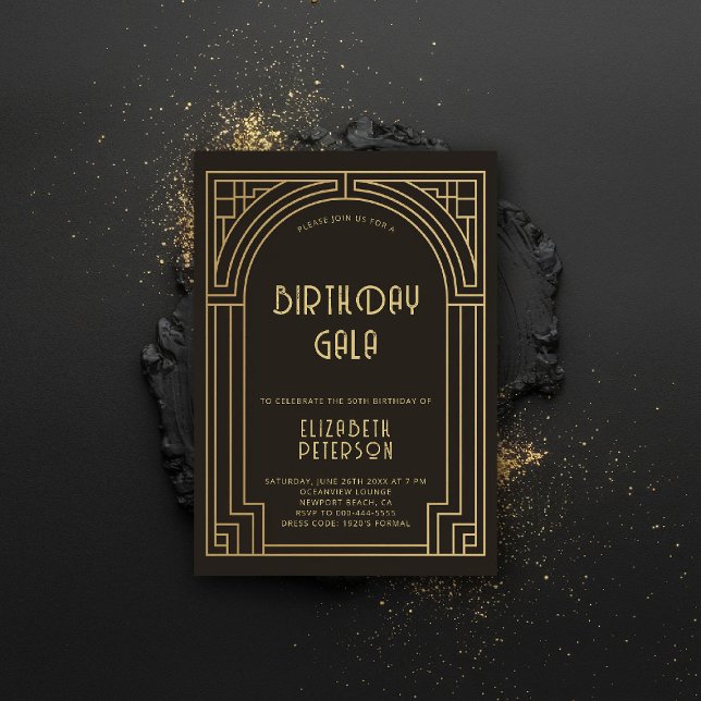 Gatsby Art Deco Nouveau Gold Roaring 20er Geburtst Einladung (gatsby party invitation roaring 20s twenties art deco nouveau frame black gold formal elegant)