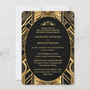 Gatsby Art Deco Schwarz & Gold Hochzeit 1920er Jah Einladung