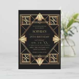 Gatsby Art Deco Schwarze 25. Geburtstagsfeier Einladung