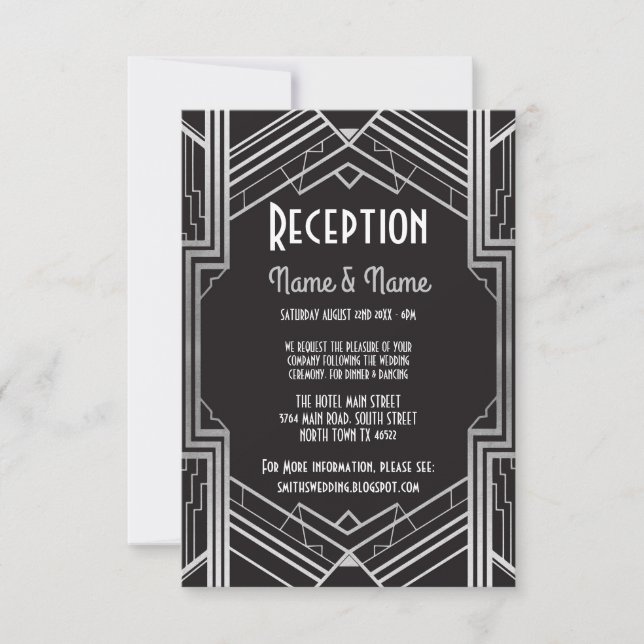 Gatsby Art Deco Silver Wedding Reception Cards Einladung (Vorderseite)