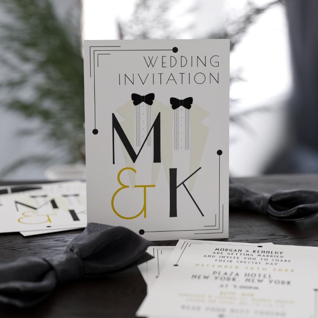 Gatsby Art Deco Style White Tuxedo Wedding Einladung (Get your glad rags on and update these 1920's theme tuxedo invitations with your wedding details!)