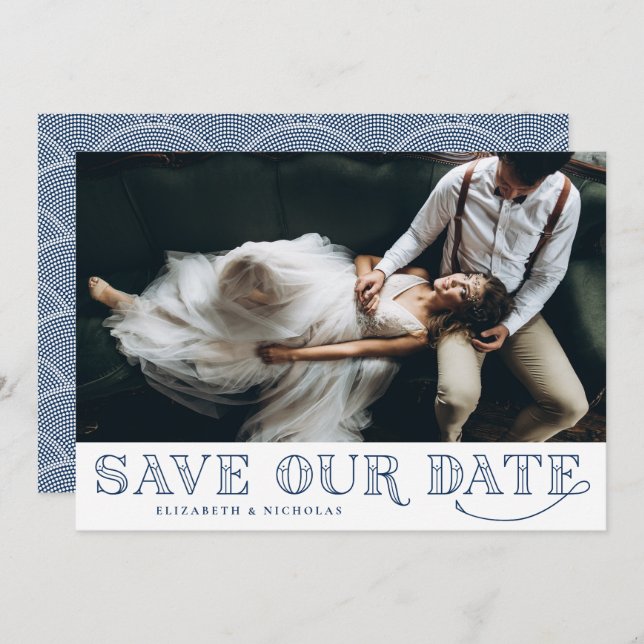 Gatsby Art Deco Typografie Blue Save the Date (Vorne/Hinten)