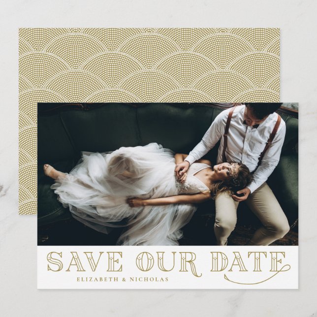 Gatsby Art Deco Typografie Gold Save the Date (Vorne/Hinten)