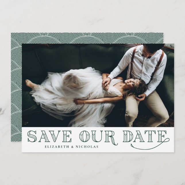 Gatsby Art Deco Typografie Green Save the Date (Vorne/Hinten)