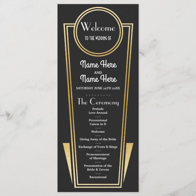Gatsby Black & Gold Art Deco Hochzeitsprogramm der Programm (Vorderseite)