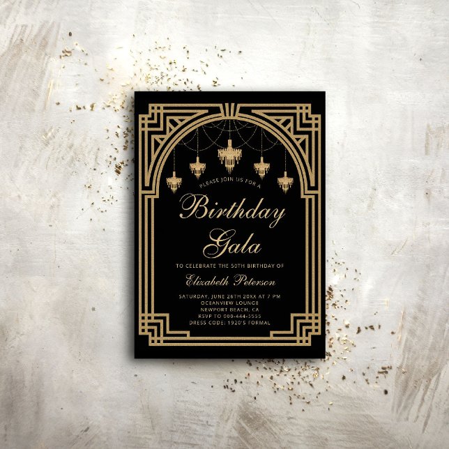 Gatsby Deko Roaring 20er Kronleuchter Gold zum Geb Einladung (gatsby party invitation roaring 1920 twenties prohibition deco nouveau chandeliers elegant event)