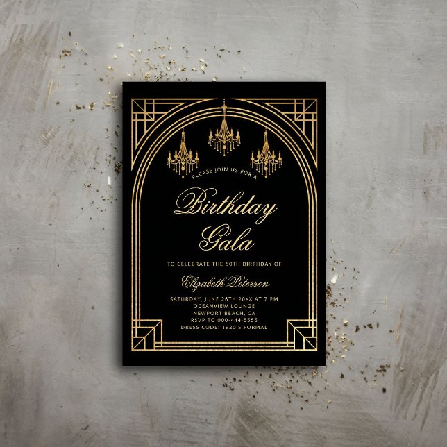 Gatsby Deko Roaring 20s Arch Chandeliers Geburtsta Einladung (gatsby party invitation roaring 1920 twenties prohibition art deco nouveau frame chandeliers ball)