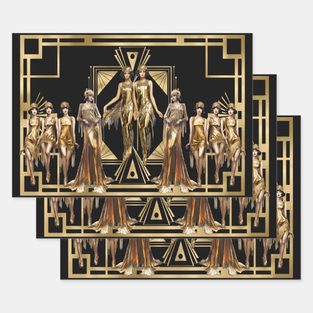 Gatsby Flapper Girls Gold Black Theme Event Geschenkpapier Set (Set)