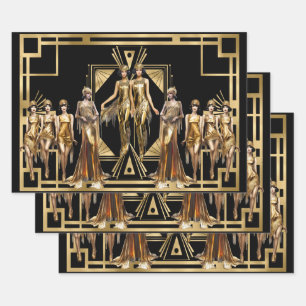 Gatsby Flapper Mädchen Gold Schwarz Thema Veransta Geschenkpapier Set