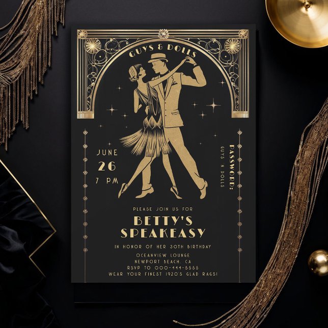 Gatsby Flapper Speakeasy Roaring 20er Deko Birthda Einladung (roaring 20s speakeasy gatsby flapper dance dancing couple gold black deco adult birthday invite)