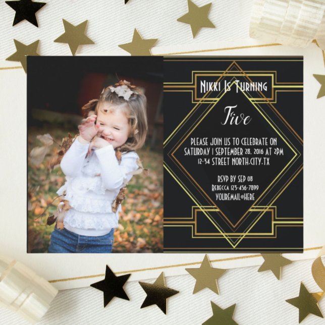 Gatsby Foto Birthday Party Einladung (black and gold great gatsby photo Birthday party Invitation)