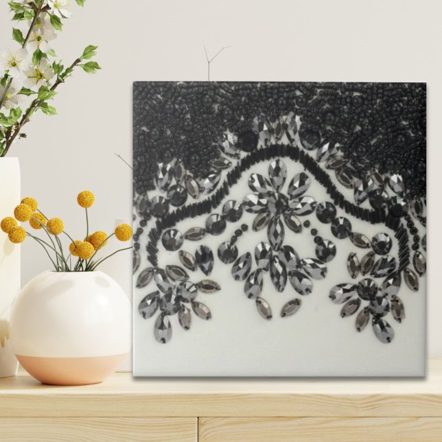 Gatsby Glamour chic floral Schwarz-weißer Kristall Fliese (Art Deco Glamorous Vintage Fashion Black White Fl Ceramic Tile)