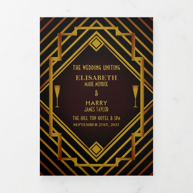 Gatsby Gold 2020's Wedding Program Dreifach-gefaltete Programmkarte (Cover)