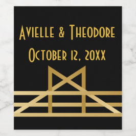 Gatsby Gold & Black Art Deco Wedding Party Weinetikett