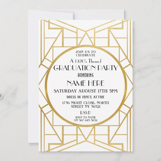Gatsby Gold Einladung zur Art Deco Graduation Part (Vorderseite)