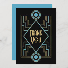 Gatsby-Inspired Art Deco Blue & Gold Wedding Photo Dankeskarte