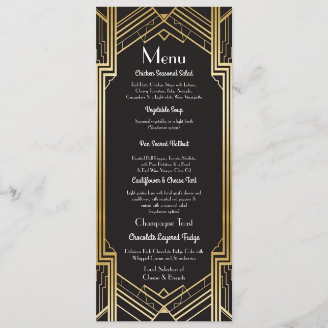 Gatsby Menü-Hochzeits-Empfangszwanziger jahre Menükarte (Vorderseite)