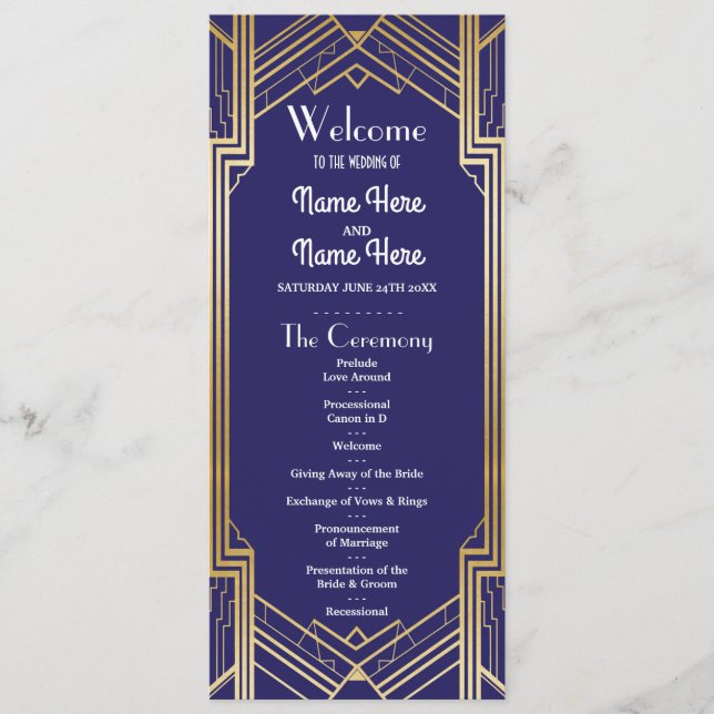 Gatsby Navy & Gold Art Deco Hochzeitsprogramm der  Programm (Vorderseite)