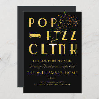 Gatsby Pop Fizz Clink Art Deco New Years Eve Black Einladung