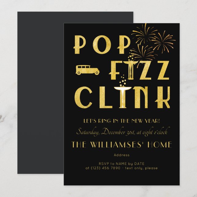 Gatsby Pop Fizz Clink Art Deco New Years Eve Black Einladung (Vorne/Hinten)