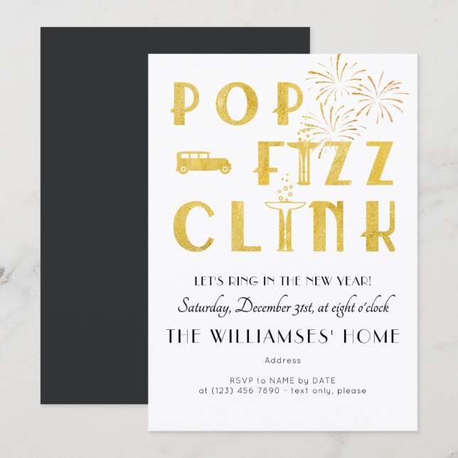 Gatsby Pop Fizz Clink Art Deco New Years Eve Party Einladung (Vorne/Hinten)