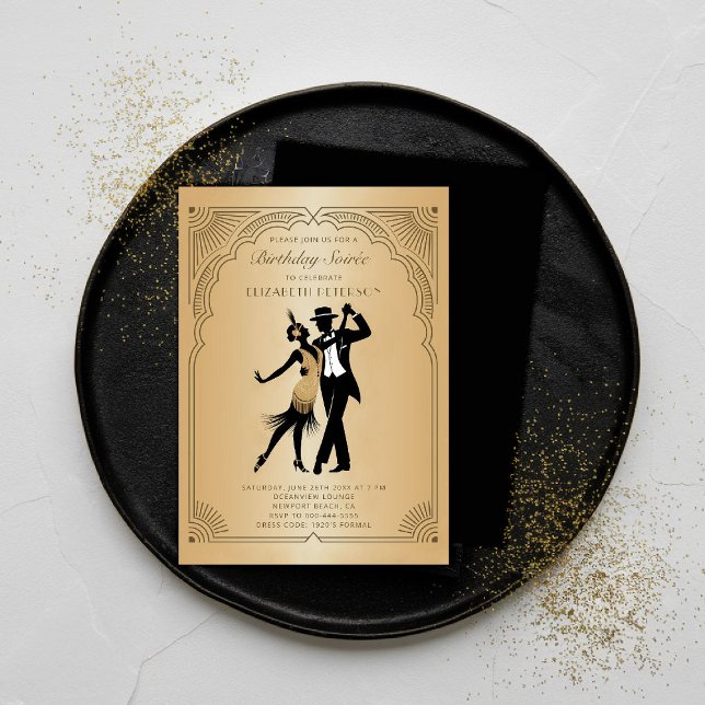 Gatsby Roaring 1920 Deko Gold Flapper Birthday Einladung (gatsby party invitation roaring 1920s art deco gold flapper frame elegant classy business corporate )