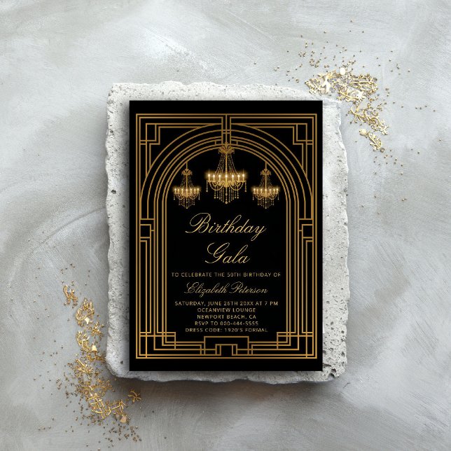Gatsby Roaring 20er Deko Chandeliers Gold Birthday Einladung (gatsby party invitation roaring 1920 twenties prohibition deco chandeliers elegant ball event)