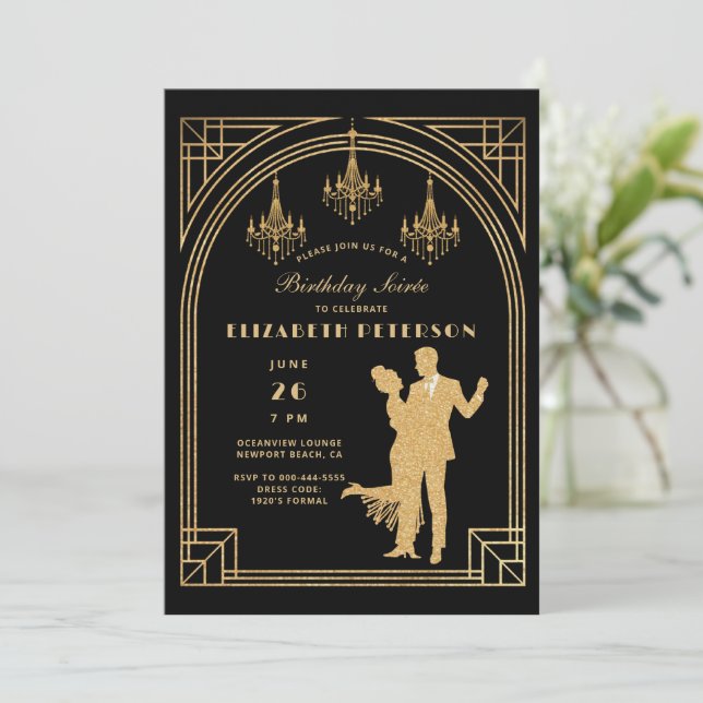 Gatsby Roaring 20er Deko Khandeliers Frame Birthda Einladung (Stehend Vorderseite)